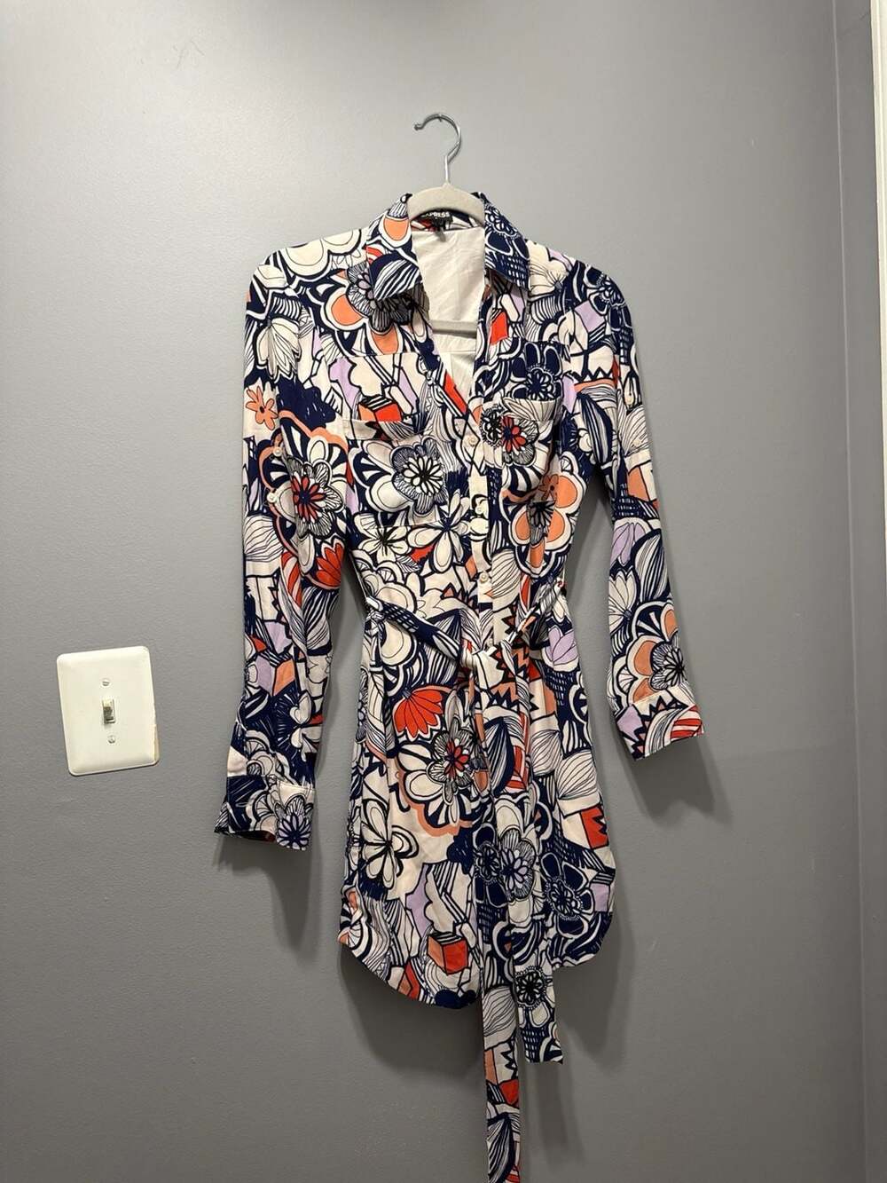 Express Floral Print Belted Long Sleeve Shirt Dress Size XS